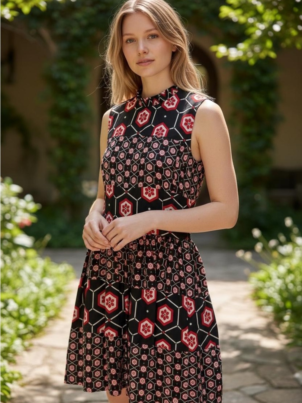 Sandro Navy Dress with Red and White Geometric Print
